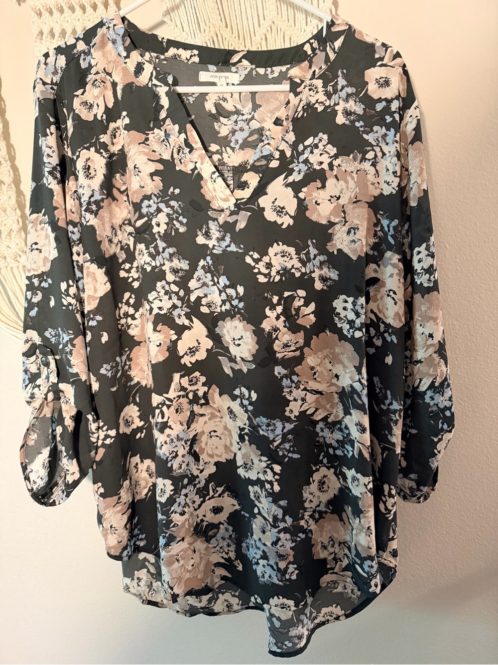 Maurices Gray Floral V-Neck Blouse with Blush and Cream Flowers